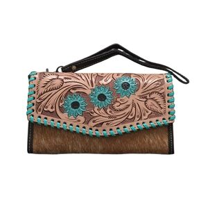Western Tooled Leather Clutch Cowhide Wristlet Turquoise Accents NWOT